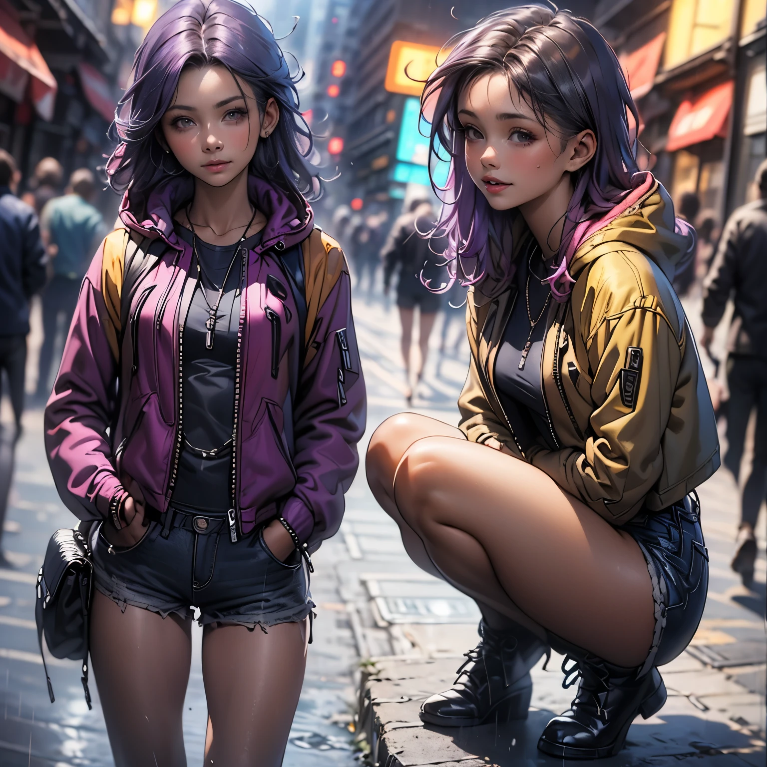 (masterpiece), best quality, 1girl, expressive eyes, perfect face, (purple hair), perfect anatomy, full body, 4k, HDR, full HD, 8K,volumetric lighting,1girl,hourglass body,sexy,(purple eyes, small eyes, detailed eyes),transparent umbrella,see through jacket,hood up,open jacket,croptop,high waist skirt,rain,night,squatting,combat boots,shiny skin,shiny,cowboy shot,outdoors,city,blurry background, short shorts, bikini under clothes, tied shirt, jurimaid, white shirt, plaid skirt, jacket, jurischool, she is walking in the rain 