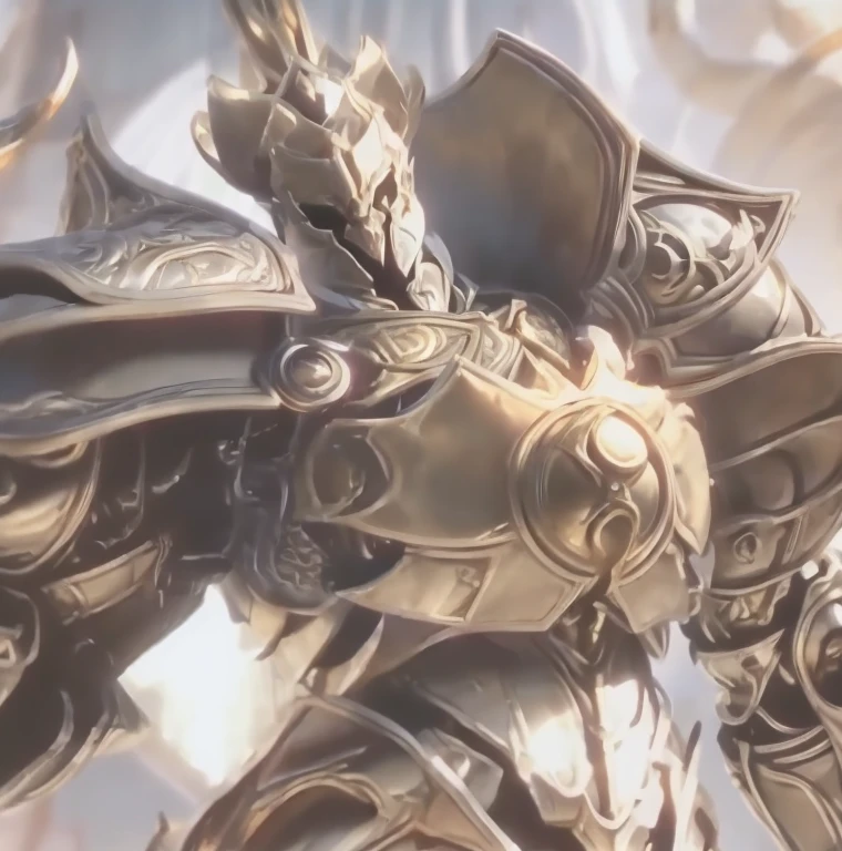 ( maximum quality), ( masterpiece), (4k), White armor with gold and silver details, holding a golden spear in his right hand, imposing, celestial throne, light, fancy, blessed kingdom, warrior, anime, armored armor, Face covered, now angelic, Oriental, big 