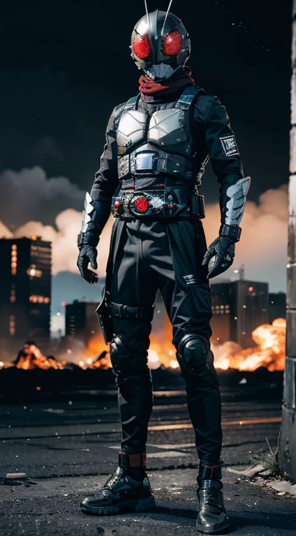 ((kamen rider, shinkr, tactical vest, techwear jacket)), (standing), (turn around), full body detailed, detailed hands, good fingers, good hands, good legs, red scarf, low hood, ((epic burning city)), ruins, floating, explosion, debris, some fire and glitter background, ultra hd, ultra realistic texture, (flare lens:1.2), (long shot:0.9)