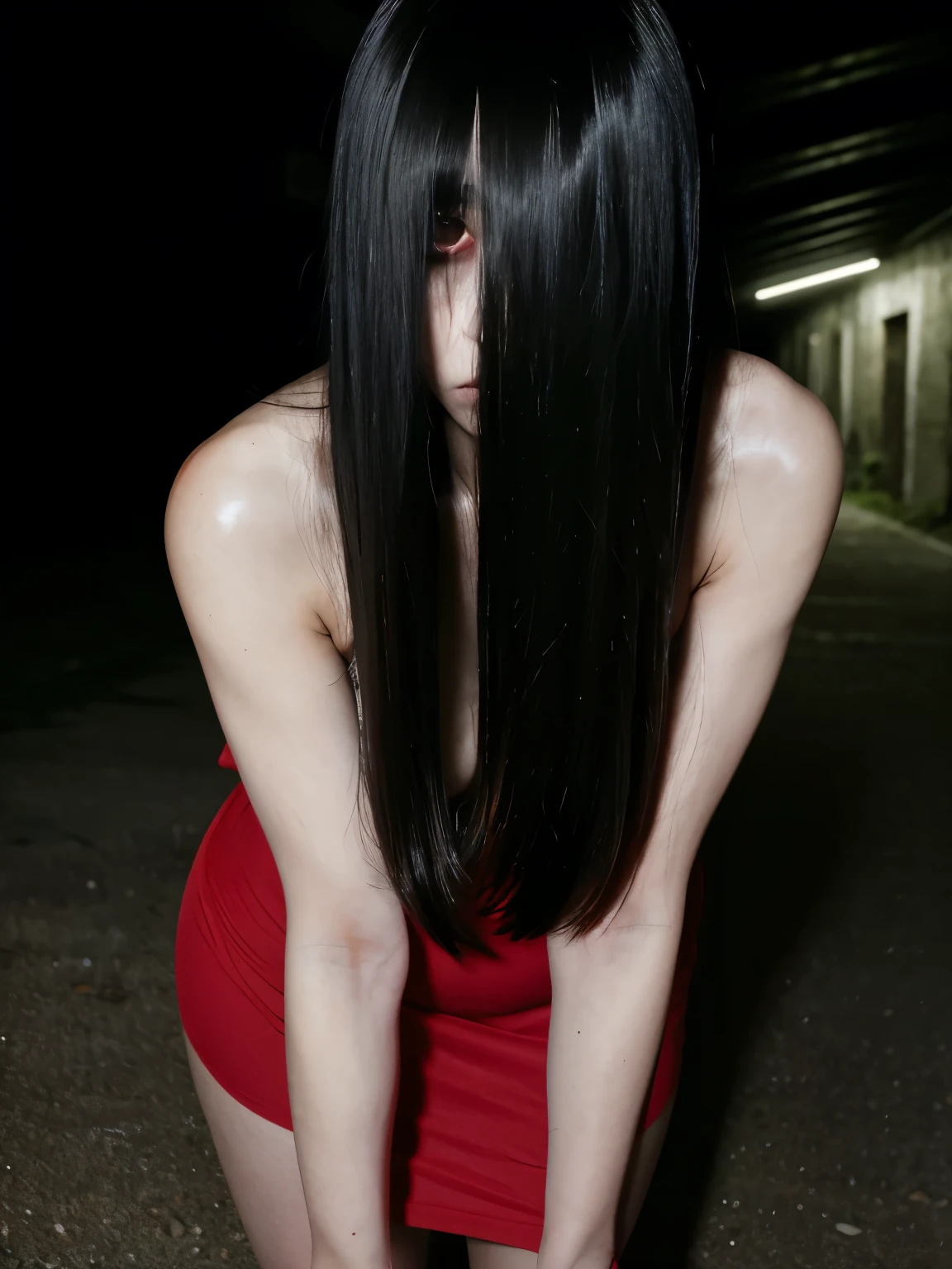 (masterpiece:1.1, Best Quality:1.1, 16K HDR, High resolution), (1girl in, Solo), professional lighting, cinematic lighting, RAW photo, Ultra-realistic & detailed portrait of Sadako Yamamura, the ring, Black hair, female ghost, ((((extremely Long hair, extremely long Bangs, extremely long bangs over eyes, entire face hidden by bangs, whole face are covered by bangs)))), Extremely ultra huge breasts, Extremely ultra huge cleavages, Extremely ultra huge tits, Extremely ultra huge boob, (((outdoors, ultra realistic & detailed narrow tunnel, passenger’s tunnel, concrete))), (night atmosphere:1.5, dark atmosphere:1.5, horror & spooky atmosphere:1.5), Realistic skin texture, (ultra skinny:1.5, ultra slim waist:1.15, Perfect slim body style:1.15), ((sleeveless, red dress:1.15)), stockings, thigh highs, pantyhose, heels, ultra realistic skin texture, ultra detailed skin texture, Standing with bending upper body deeply, (real down blouse & nipslip, visible nipples from deep leaning forward posture, exposed nipples from deep leaning forward posture, disclosed nipples from deep leaning forward posture),