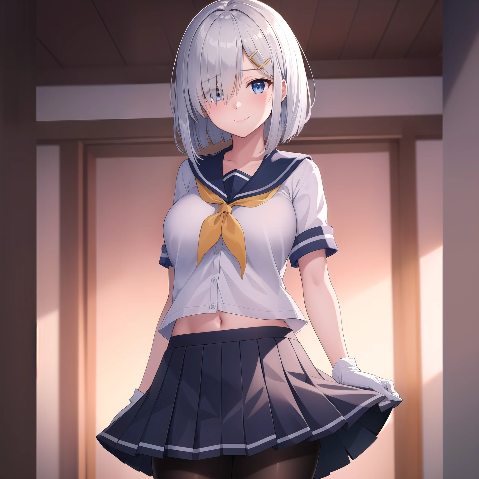 ((masterpiece)),(best quality),official art,extremely detailed CG,unity 8k wallpaper,ultra detailed,1girl,solo,cowboy shot,school_uniform,white serafuku,hairclip,blue_eyes,short_hair,hair_ornament,hair_over_one_eye,grey_hair,white_gloves,black_pantyhose,short_sleeves,smile,pleated_skirt,large_breasts,looking_at_viewer,