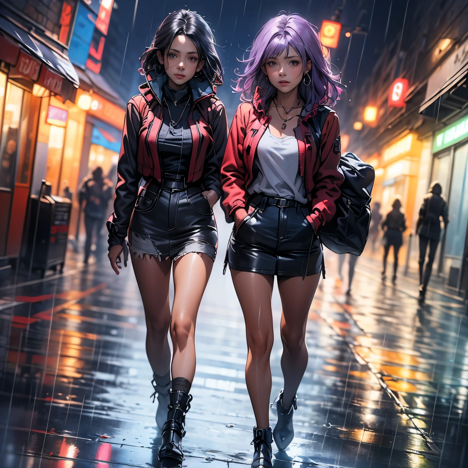 (masterpiece), best quality, 1girl, expressive eyes, perfect face, (purple hair), perfect anatomy, full body, 4k, HDR, full HD, 8K,volumetric lighting,transparent umbrella,see through jacket, croptop,high waist skirt,rain,night,combat boots,shiny skin,shiny,cowboy shot,outdoors,city,blurry background, she is walking in the rain, long hair, 