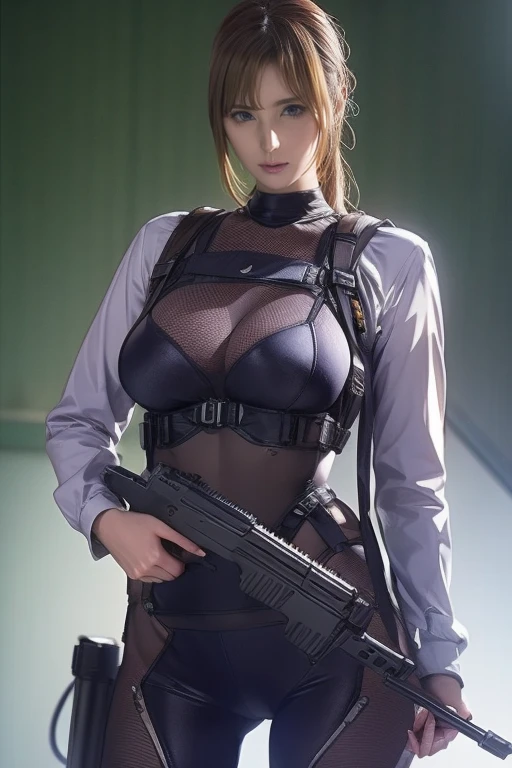 Best Quality、Amazing details、Ultra-high resolution、（realism：1.4）、（（close：0.75））、One woman is very condensed、Beautiful and delicate face、Perfect Proportions、Narrow your target audience、Large Breasts）、Brown Hair、（Violet Technology Suit）、（Cyborg Vs... Police uniform、、、Gold and grey mech、Military Harness、Shotgun(English) (English)、Hitch Technology Flamethrower Tank Transport）、The background is a simple gray wall、