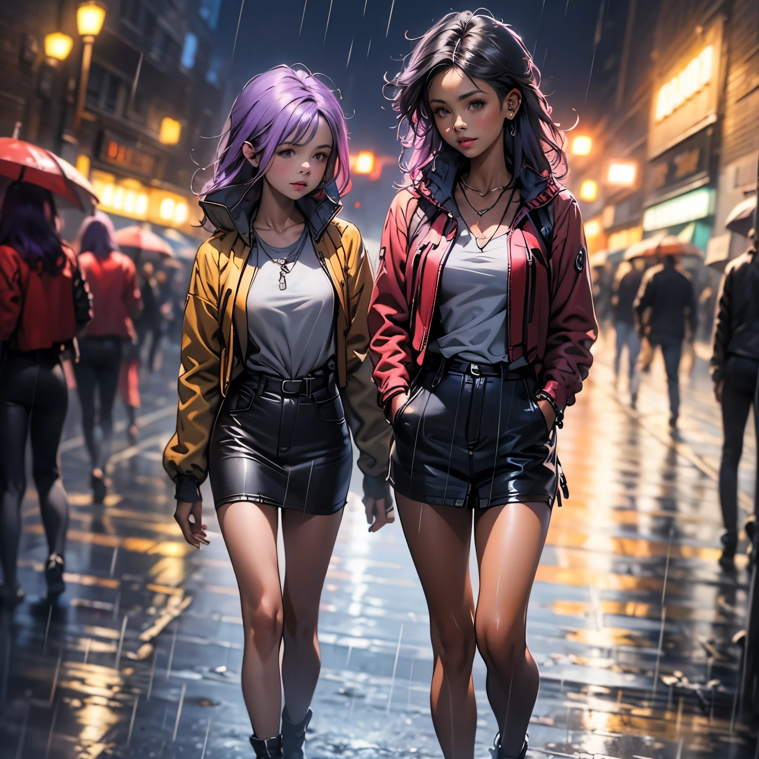 (masterpiece), best quality, 1girl, expressive eyes, perfect face, (purple hair), perfect anatomy, full body, 4k, HDR, full HD, 8K,volumetric lighting,transparent umbrella,see through jacket, croptop,high waist skirt,rain,night,combat boots,shiny skin,shiny,cowboy shot,outdoors,city,blurry background, she is walking in the rain, long hair, 