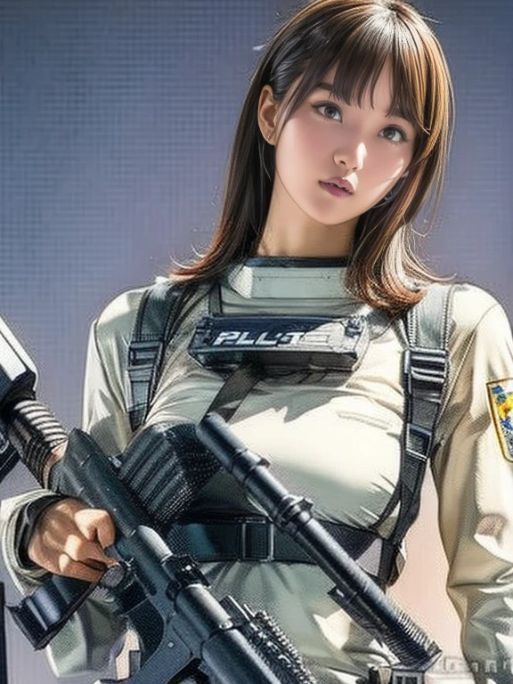 Highest quality、Amazing details、Ultra-high resolution、（realism：1.4）、（（close：0.75））、One woman is very condensed、Beautiful and delicate face、Perfect Proportions、Narrow your target audience、Large Breasts）、Brown Hair、（White Tech Suit）、（Cyborg vs. police uniform、、、Black and grey mech、Military Harness、RPG-7、Hitch Tech Flamethrower Tank Transport）、The background is a simple grey wall、