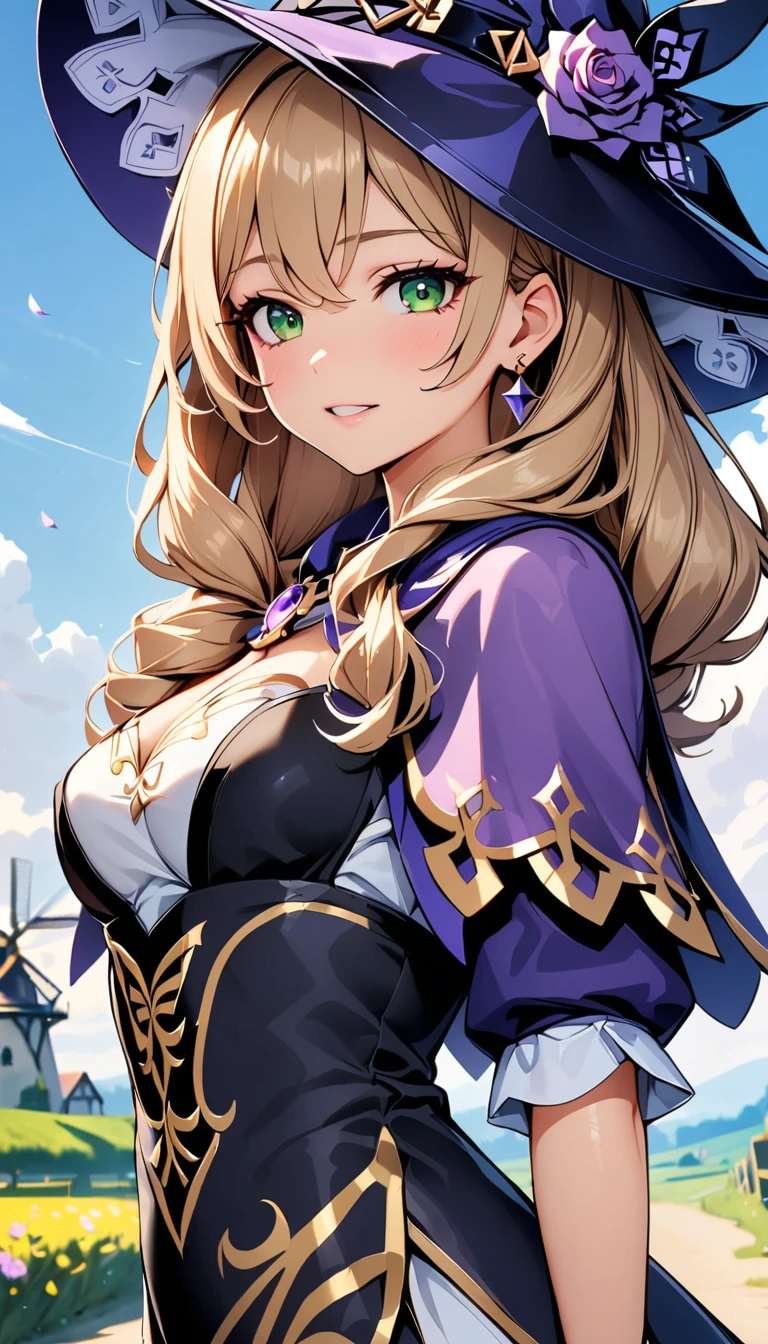 beautiful girl, Perfect Face, Arms at your sides, masterpiece, Ultra-high resolution, high quality, 4K, Upper Body:1.5,  Lisa (Genshin Impact), urple witch hat, Green Eyes, Brown Hair,  bangs, dress, rose, jewelry, witch, Capelet, Purple hat, Black gloves, Purple Flower, Hair between the eyes, purple rose, Open your lips, purple Capelet, Hat Flower, multicolored dress, Hair Accessories,  windmill, From the side,