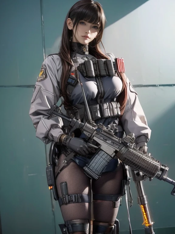 Highest quality、Amazing details、Ultra-high resolution、（realism：1.4）、（（close：0.75））、One woman is very condensed、Beautiful and delicate face、Perfect Proportions、Narrow your target audience、Large Breasts）、Brown Hair、（Purple Tech Suit）、（Cyborg vs. police uniform、、、Black and grey mech、Military Harness、RPG-7、Hitch Tech Flamethrower Tank Transport）、The background is a simple grey wall、