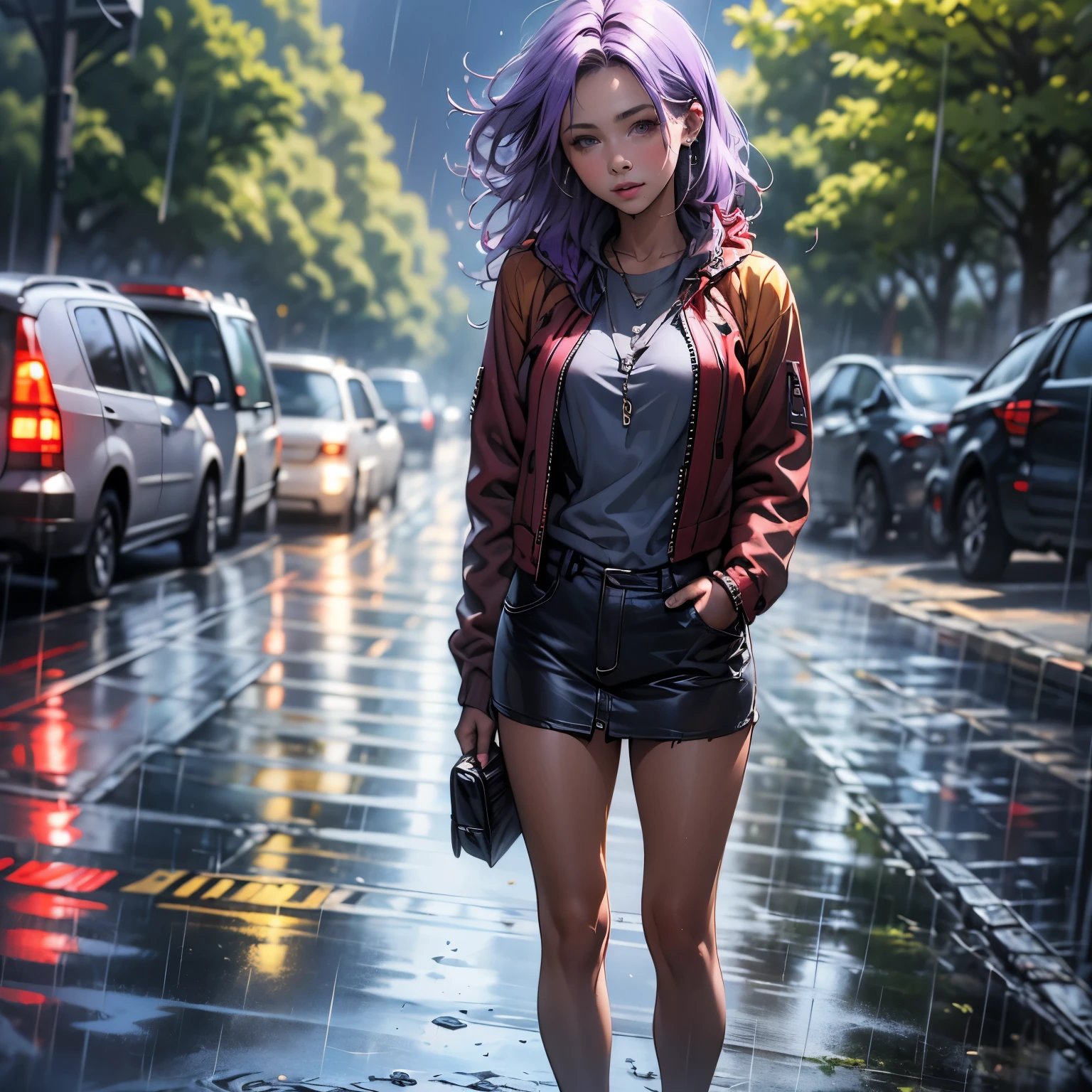 (masterpiece), best quality, 1girl, expressive eyes, perfect face, (purple hair), Perfect anatomy, full body, 4k, hdr, full hd, A beautiful shy girl on the country road., rainy, trees around the road, Standing while the drops drip down, wet white shirt, wear black silk skirt, Long hair, 