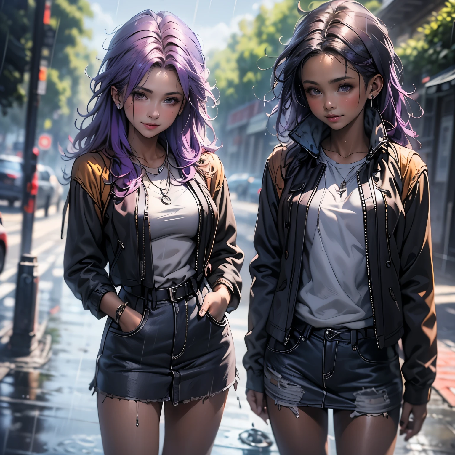 (masterpiece), best quality, 1girl, expressive eyes, perfect face, (purple hair), Perfect anatomy, full body, 4k, hdr, full hd, A beautiful shy girl on the country road., rainy, trees around the road, Standing while the drops drip down, wet white shirt, wear black silk skirt, Long hair, 