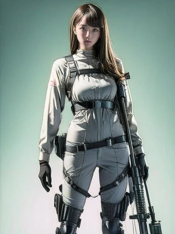 Highest quality、Amazing details、Ultra-high resolution、（realism：1.4）、（（close：0.75））、One woman is very condensed、Beautiful and delicate face、Perfect Proportions、Narrow your target audience、Large Breasts）、Brown Hair、（Purple Tech Suit）、（Cyborg vs. police uniform、、、Black and grey mech、Military Harness、RPG-7、Hitch Tech Flamethrower Tank Transport）、The background is a simple grey wall、