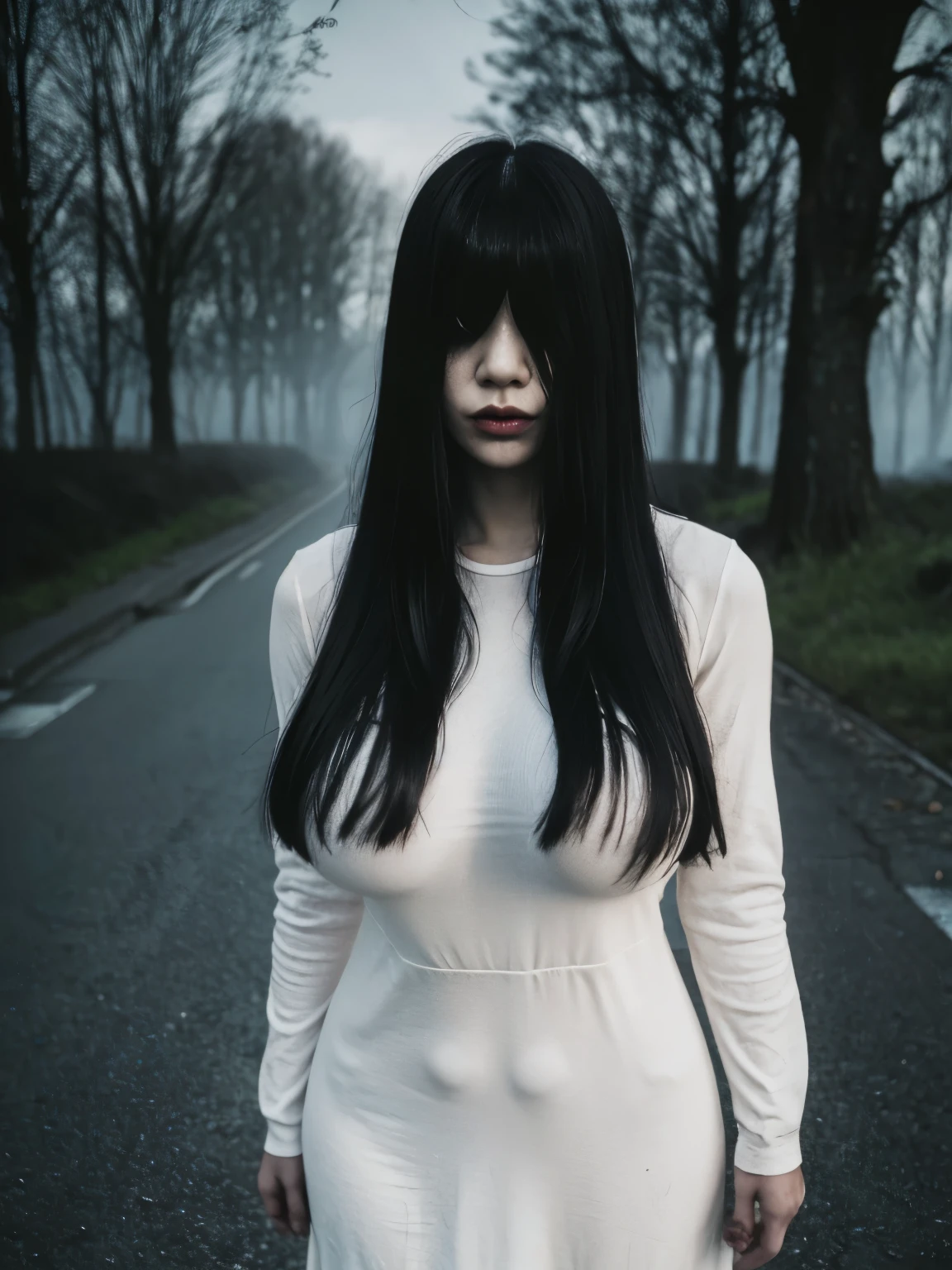 (masterpiece:1.1, Best Quality:1.1, 16K HDR, High resolution), (1girl in, Solo, ghost girl, spooky face:1.55), professional lighting, cinematic lighting, RAW photo, Ultra-realistic & detailed portrait of Sadako Yamamura, the ring, Black hair, female ghost, (extremely Long hair, extremely long Bangs:2.0, extremely long bangs over eyes:2.0, entire face hidden by bangs:1.5, whole face are covered by bangs:1.5), ((((Extremely ultra huge breasts, Extremely ultra huge cleavages, Extremely ultra huge tits, Extremely ultra huge boob)))), (((outdoors, guardrails, road, in the mountain, trees))), (dark night atmosphere:1.5, dark atmosphere:1.5, horror & spooky atmosphere:1.5), Realistic skin texture, (ultra skinny:1.5, ultra slim waist:1.15, Perfect slim body style:1.15), ((long sleeve, white long skirt dress:1.15)), heels, ultra realistic skin texture, ultra detailed skin texture, cowboy shot, (just standing beside taxi:1.3), (nsfw:1.35), 