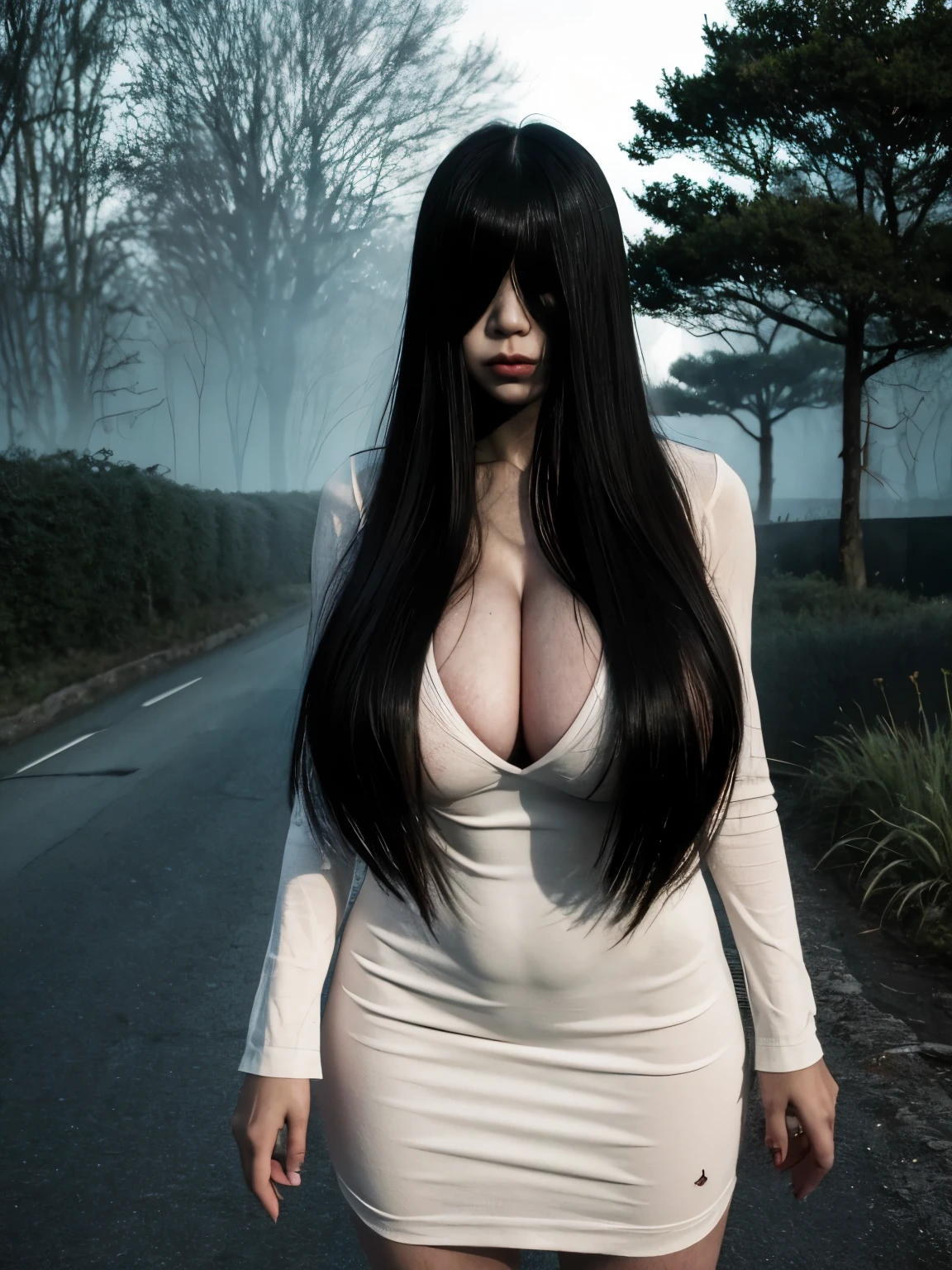 (masterpiece:1.1, Best Quality:1.1, 16K HDR, High resolution), (1girl in, Solo, ghost girl, spooky face:1.55), professional lighting, cinematic lighting, RAW photo, Ultra-realistic & detailed portrait of Sadako Yamamura, the ring, Black hair, female ghost, (extremely Long hair, extremely long Bangs:2.0, extremely long bangs over eyes:2.0, entire face hidden by bangs:1.5, whole face are covered by bangs:1.5), ((((Extremely ultra huge breasts, Extremely ultra huge cleavages, Extremely ultra huge tits, Extremely ultra huge boob)))), (((outdoors, guardrails, road, in the mountain, trees))), (dark night atmosphere:1.5, dark atmosphere:1.5, horror & spooky atmosphere:1.5), Realistic skin texture, (ultra skinny:1.5, ultra slim waist:1.15, Perfect slim body style:1.15), ((long sleeve, white long skirt dress:1.15)), heels, ultra realistic skin texture, ultra detailed skin texture, cowboy shot, (just standing beside taxi:1.3), (nsfw:1.35), 