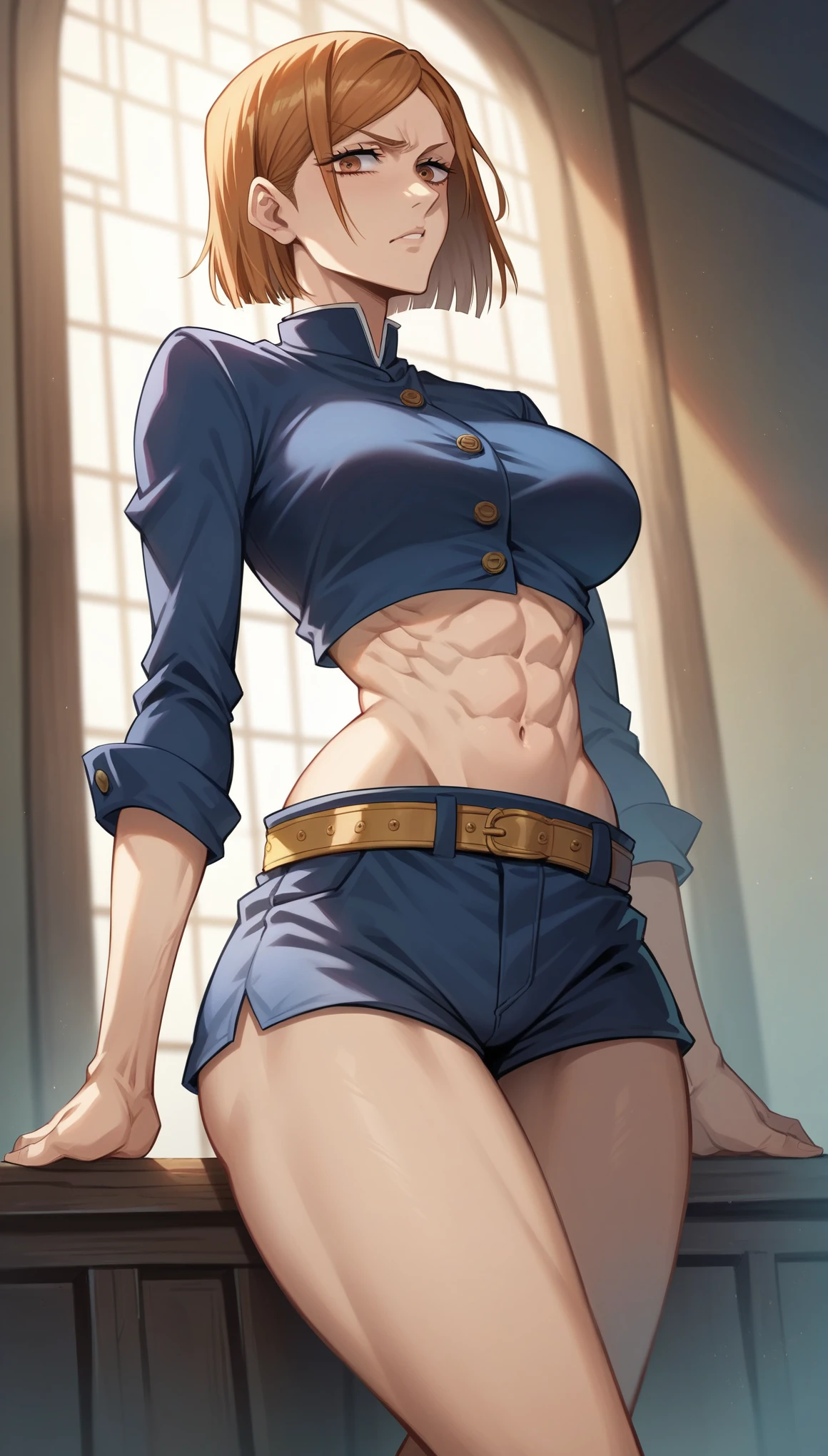 ((top quality, 8k, masterpiece: 1.3, ultra hd, high quality, best quality, high definition, realism)), sharp focus: 1.5, Model Nobara kugisaki with a muscular body, orange eyes, Mole under the outer edge of the eye, Short orange hair, Small breasts, Abs, Arm muscle, Open shirt buttons showing breast cleavage, Visible abs, Sexy and seductive pose On Bed, thighs wide open