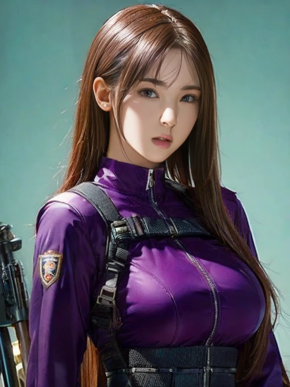 Highest quality、Amazing details、Ultra-high resolution、（realism：1.4）、（（close：0.75））、One woman is very condensed、Beautiful and delicate face、Perfect Proportions、Narrow your target audience、Large Breasts）、Brown Hair、（Purple Tech Suit）、（Cyborg vs. police uniform、、、Black and grey mech、Military Harness、RPG-7、Hitch Tech Flamethrower Tank Transport）、The background is a simple grey wall、