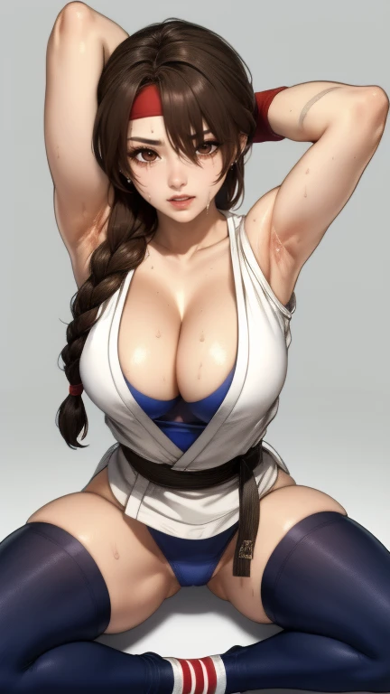 ((masterpiece:1.2, Best quality)), Yuri Sakazaki, 1 , braided ponytail, long hair, brown hair, brown eyes, red bandana, (dogi1 white.2), blue top, bare arms, Yellow and black fingerless gloves, blue panties, Karate, medium breasts, cleavage, Tight blue socks, red converse, looking at the viewer, Sweating, Tires, arm over head, Sweat, warm, Blush, admiration, 🥺, 😮, ((🥵🥵:1.2)), direct, sitting, legs open, maduro, dojo