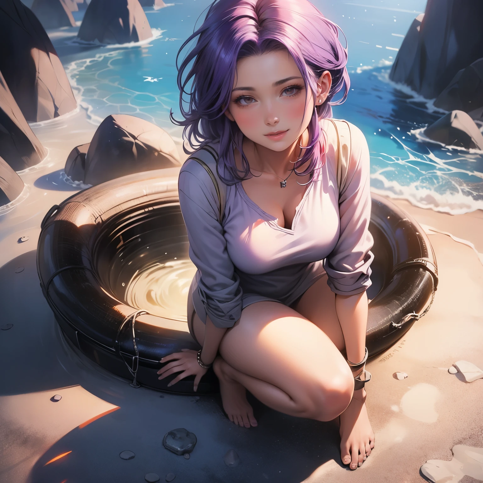 (masterpiece), best quality, 1girl, expressive eyes, perfect face, (purple hair), perfect anatomy, full body, 4k, HDR, full HD, cinta rosa, pijama blanco. Agachado en el suelo y hurgando en un cesto de ropa sucia