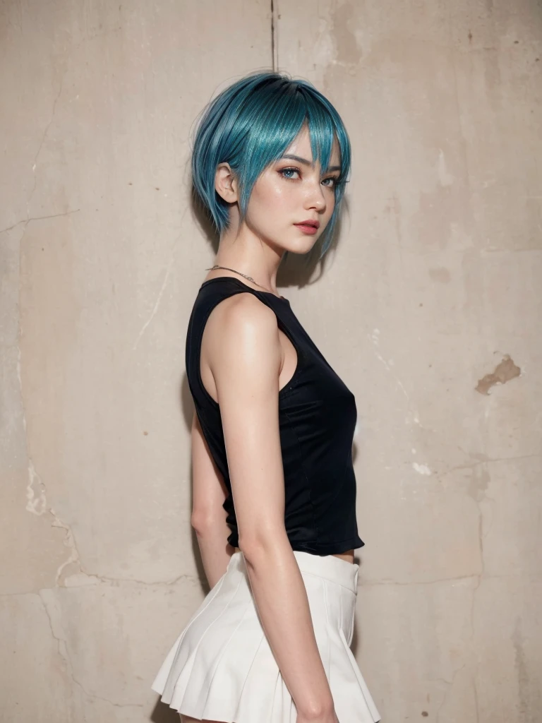 Nico, blue hair, (best quality, ultra-detailed), (realistic:1.37), beautiful and detailed face, ultra-realistic texture, delicate face, delicate body, red lipstick, long-lasting colors. high definition, 8K. expression with a sexy look