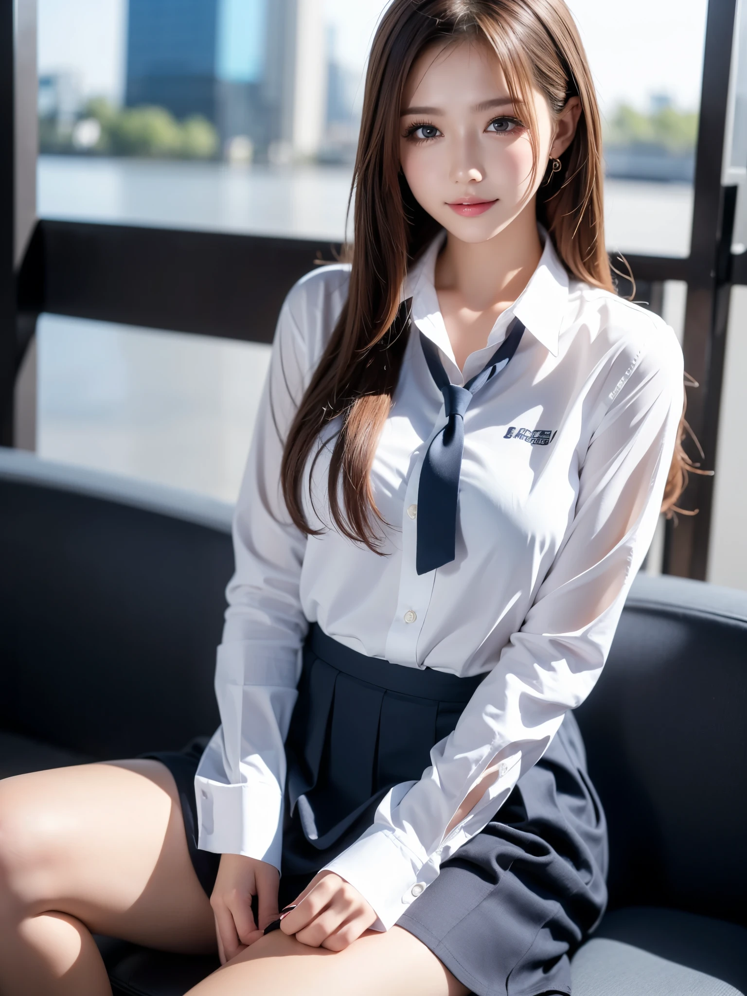 One girl, Alone, 1, (Uniform), Sitting on something, The background features a detailed urban landscape, Portraiture, Thick chest, Semi-curved body, smooth Realistic skin, Cute Smile, White shirt, Grey and blue short skirt, Gazing at the audience, High angle shot,(8k, RAW Photos, Best Quality, masterpiece: 1.3), (Realistic, Realistic: 1.37), Ultra-high resolution, Cowboy Shot