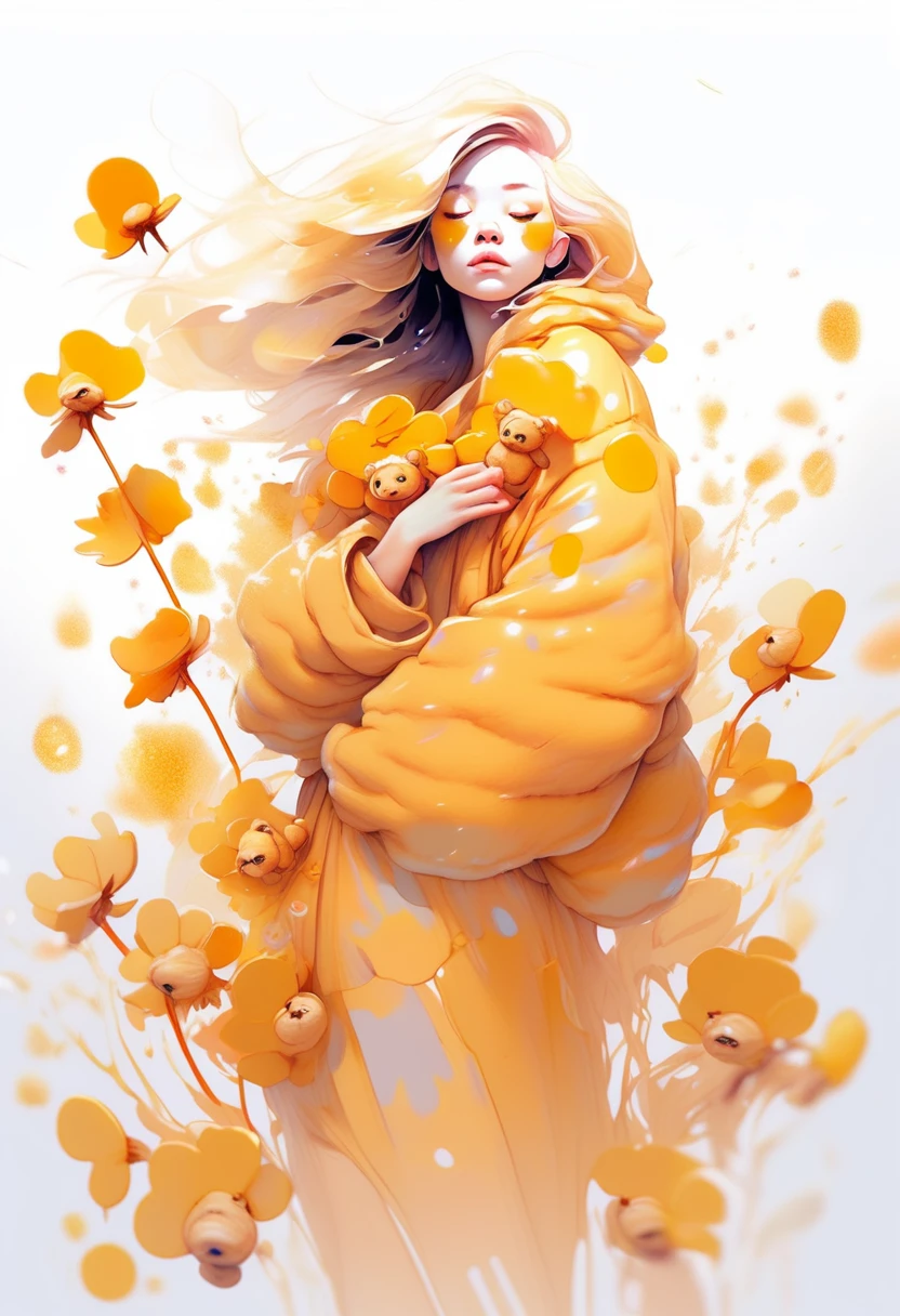 long shot,  full body,  woman with wet hair covered in honey,  holding teddy bear winnie the poo,  resting on the petals in the style of stefan kostic, art by Agnes Cecile,  art by stanley lau,  artgerm,  wlop,  caidychen,  kuvshinov ilya