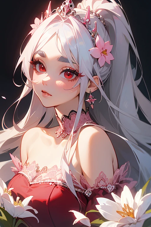 (absurdres, highres, ultra detailed, HDR) master piece, best quality, perfect face, Alercchino, white hair, expressive red eyes, genshin impact, solo, woman, beautiful, pretty, white clothes, glass pink flowers, glass pink petals, glass pink butterflies, glass garden, glass blossoms, everything made with glass