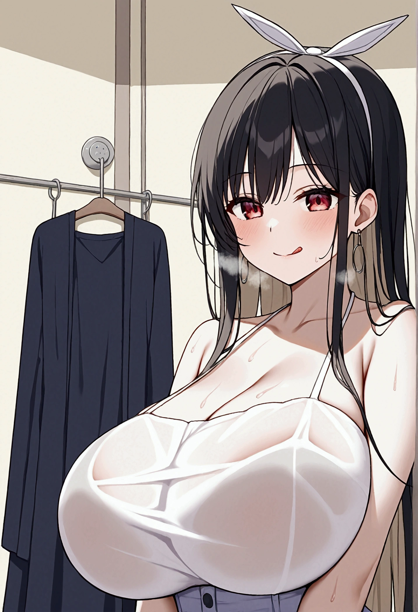 Long black hair、Red eyes、Tsukuyomi Minato, Sexy oversized t-shirt、No underwear、Underbust, Super huge breasts,Shoulders stick out、The shirt falls off、, Frequently Sport Side Bust High Resolution, Masterpiece Anatomically Correct, number々won the award, Best Quality, high detail, damage, High Resolution Model, retina, Very detailed, Textured skin, Ultra-high resolution, 航空photograph, Background Blur, Exposure, movie light effect, movie, photograph, reality, ポートレートphotograph, 

Backlight、The room is dimly lit.、13:00、
sweat,steam, , shortness of breath, Charming smile, 

steamy、Wet Skin、Wet shirt、High leg bikini、Large Breasts, Earrings, Licking lips, Standing pose、Shower room、squat、sit、Top view、Titty fuck、Ahegao、Full body diagram