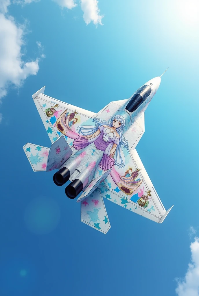 8k RAW Photos.Colorful pop art of an anime-style girl painted all over the body of a white fighter jet、The fighter plane is the F22、All painted white、The whole body of the aircraft is covered with a picture of a short girl with blue hair and twin tails in an anime style.,Girl in maid outfit、Pop and colorful wrapping art with a blue base、Vivid colors、A top-down shot of a fighter jet flying in the sky、( Ultra HD、High definition、Masterpiece、Best Quality、4K.8k.1.5). Ultra Detail,Physically Based Rendering、Professional photo resolution、
