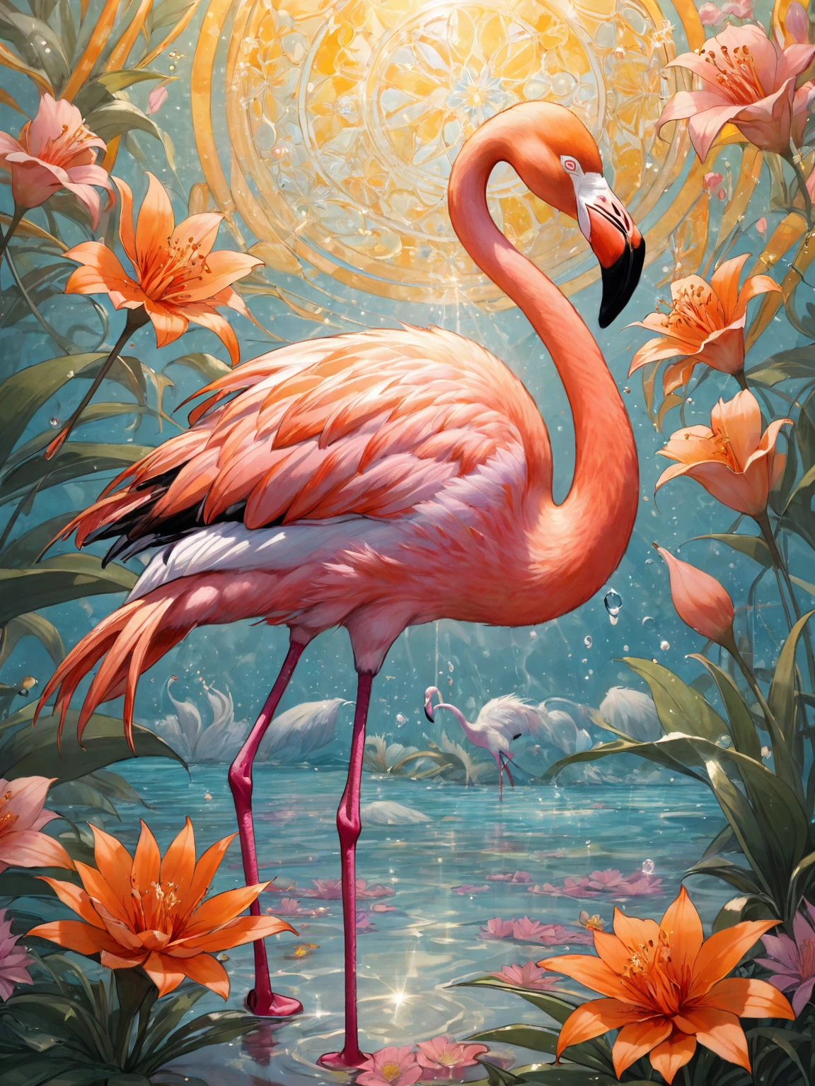 Portrait of an adventurer with flamingo and flowers ,Catch the sun:0.8, Just like glass fragments injecting warmth and energy into the space:0.4 Flash and Dance.