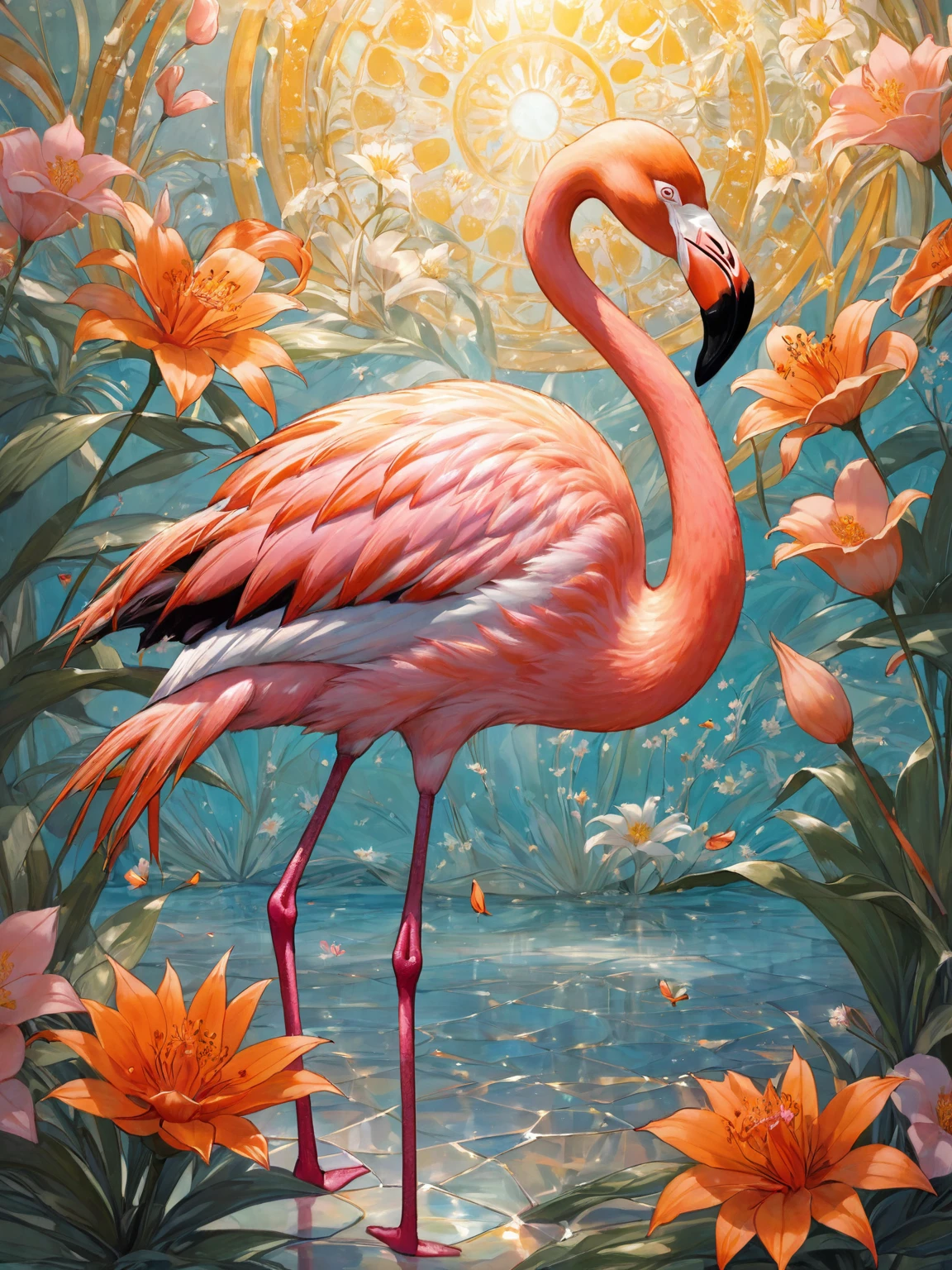 Portrait of an adventurer with flamingo and flowers ,Catch the sun:0.8, Just like glass fragments injecting warmth and energy into the space:0.4 Flash and Dance.