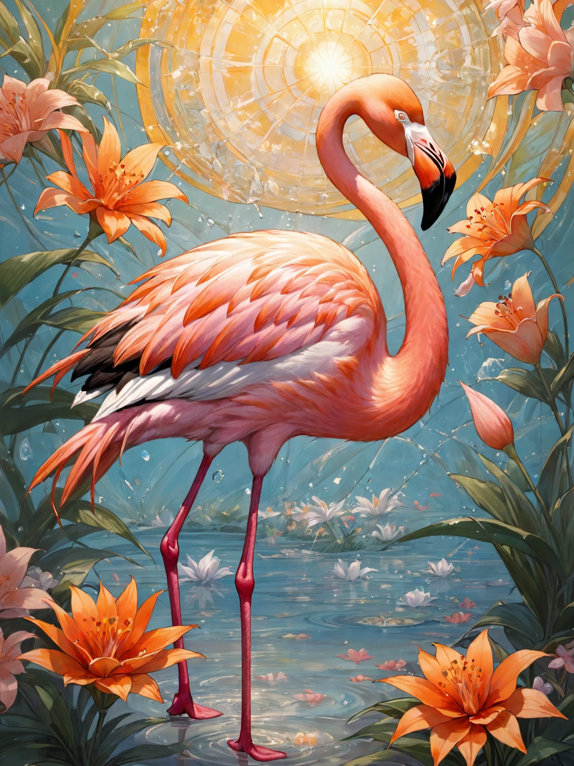 Portrait of an adventurer with flamingo and flowers ,Catch the sun:0.8, Just like glass fragments injecting warmth and energy into the space:0.4 Flash and Dance.