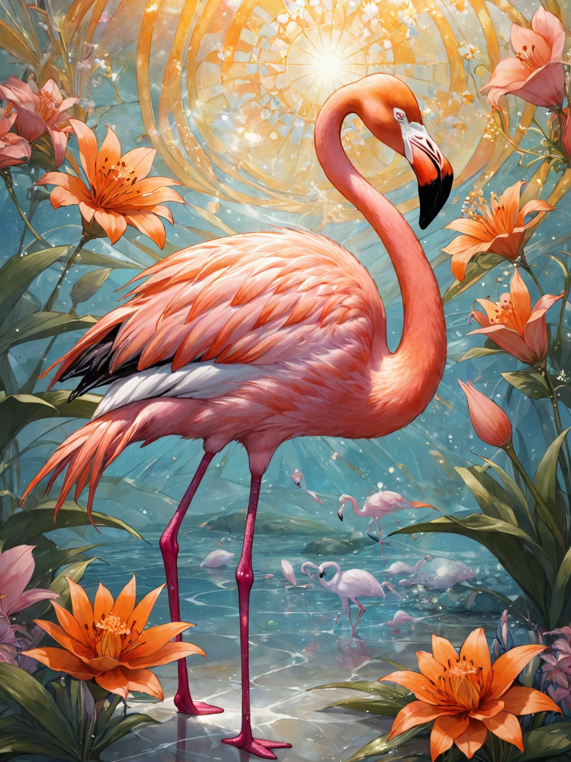 Portrait of an adventurer with flamingo and flowers ,Catch the sun:0.8, Just like glass fragments injecting warmth and energy into the space:0.4 Flash and Dance.