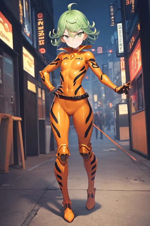 Masterpiece, best quality, ultra detailed, illustration, lighting epic, cinematic composition, 1 girl, Tatsumaki, short hair, green hair, very small breasts, green eyes, bright eyes, evil smile, blushing, closed mouth, piercing gaze, full body, gremlin, brown collar, tall, very thin, hunched over, long metal claws, spikes on his forearms, brown details, brown fingerless gloves, orange wristbands, orange nanotech suit, light armor, orange chest with an emblem, high shoulder pads, orange suit with brown stripes, brown tiger stripes, triangle emblem on his chest, orange emblem, orange pants, orange knee pads, metallic orange boots, metallic orange shoes, brown superhero belt, standing on a building, city background, anime