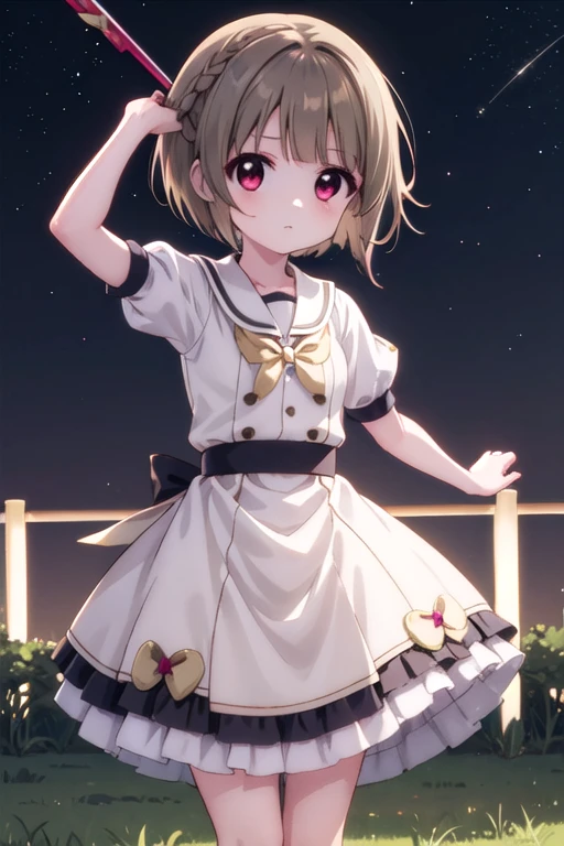 Brown Hair，Bobcut，short hair，ワンレングスBobcut，Asymmetrical hairstyles，The hair on the left is longer，Red Eye，Nakasu Kasumi，Outdoor，Magical Girl，whole body