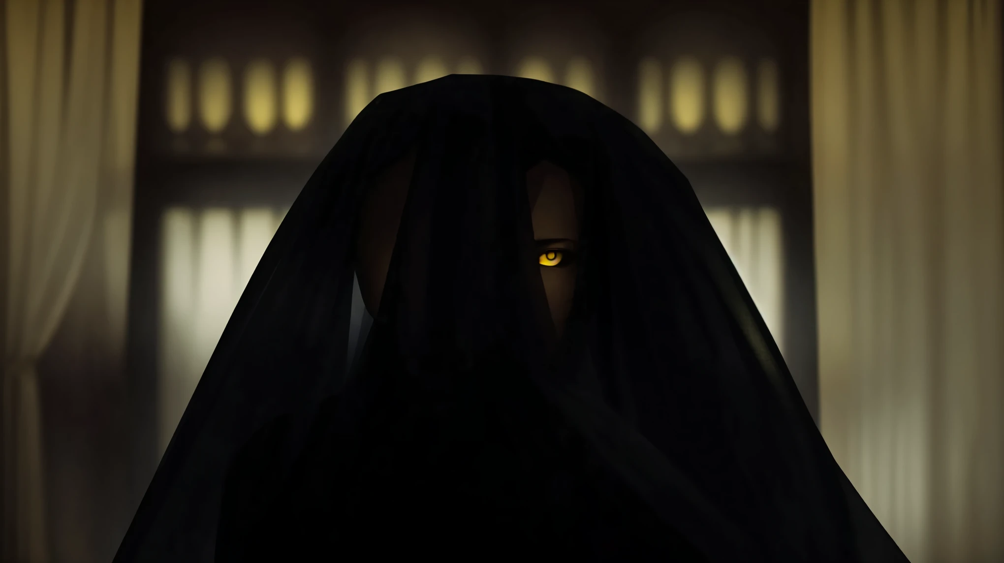 an entity with a veil covering its entire face, but its yellow eyes under the veil, its silhouettes are on display giving a macabre effect