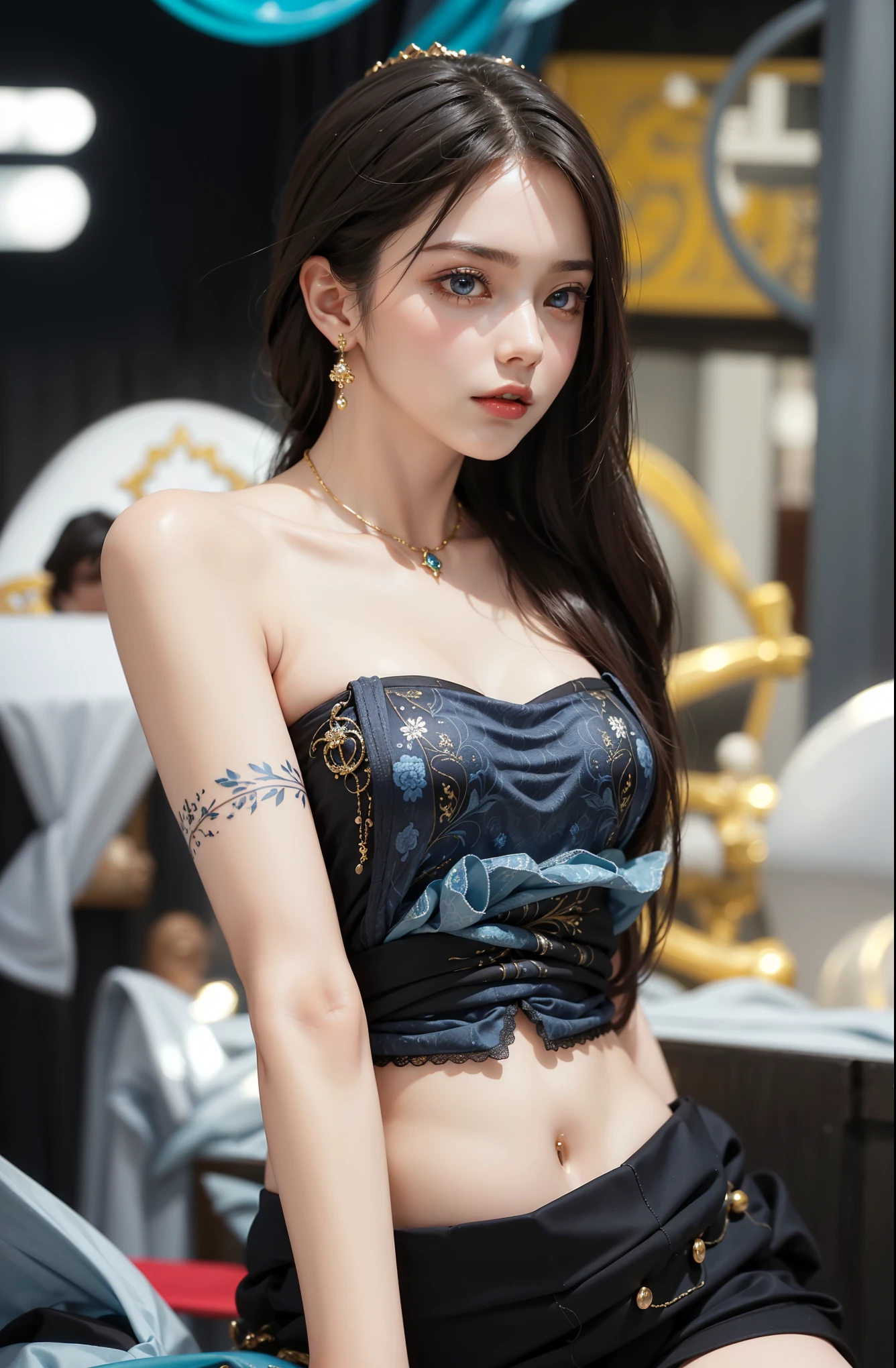 (Masterpiece, absurderes, Highly detailed:1.3), dream-state, Digital painting beauty, (Sitting, mature, Slim, Slender,) view the viewer, (Masterpiece), (Best quality:1.2), absurderes, Intricate details, skin indentation, cleavage, Huge breasts, (Highly detailed skin:1.2), (author:Alphonse Mucha Echo Chernik Megan Laura Cho Bingqiang), Sharp focus, Soft and colorful, Centered, symetry, picure, Intricate, voluminetric lighting, Beautiful, rich deep color, Ultra detailed, Digital painting, Mysterious magic, Focused, lush colors, Canon Eos 5d Mark IV and Fujifilm Superia X-TRA 400 film, (Extremely detailed oil painting:1.2), Glow effects, godrays, handpainted, Renders, 8K, rendering by octane, 4 d cinema, blender, Dark, Ultra-refined atmospheric 4K, cinematic sensual, Sharp focus, humorous illustration, great depth of field, Masterpiece, colours, 3d octane render, 4K, concept-art, trending on artstationh, Hyperrealistic, Vivid colors, Extremely detailed CG unified 8K wallpapers, trending on artstationh, trending on CGSociety, Intricate, High detail, Dramatic,1girll,Shopping mall photography,(tee shirt),stocklings,Abdominal exudate,(denim short)(((leg loops))),Neck ring,((Wear a bracelet,choker necklace))(full bodyesbian:1.5