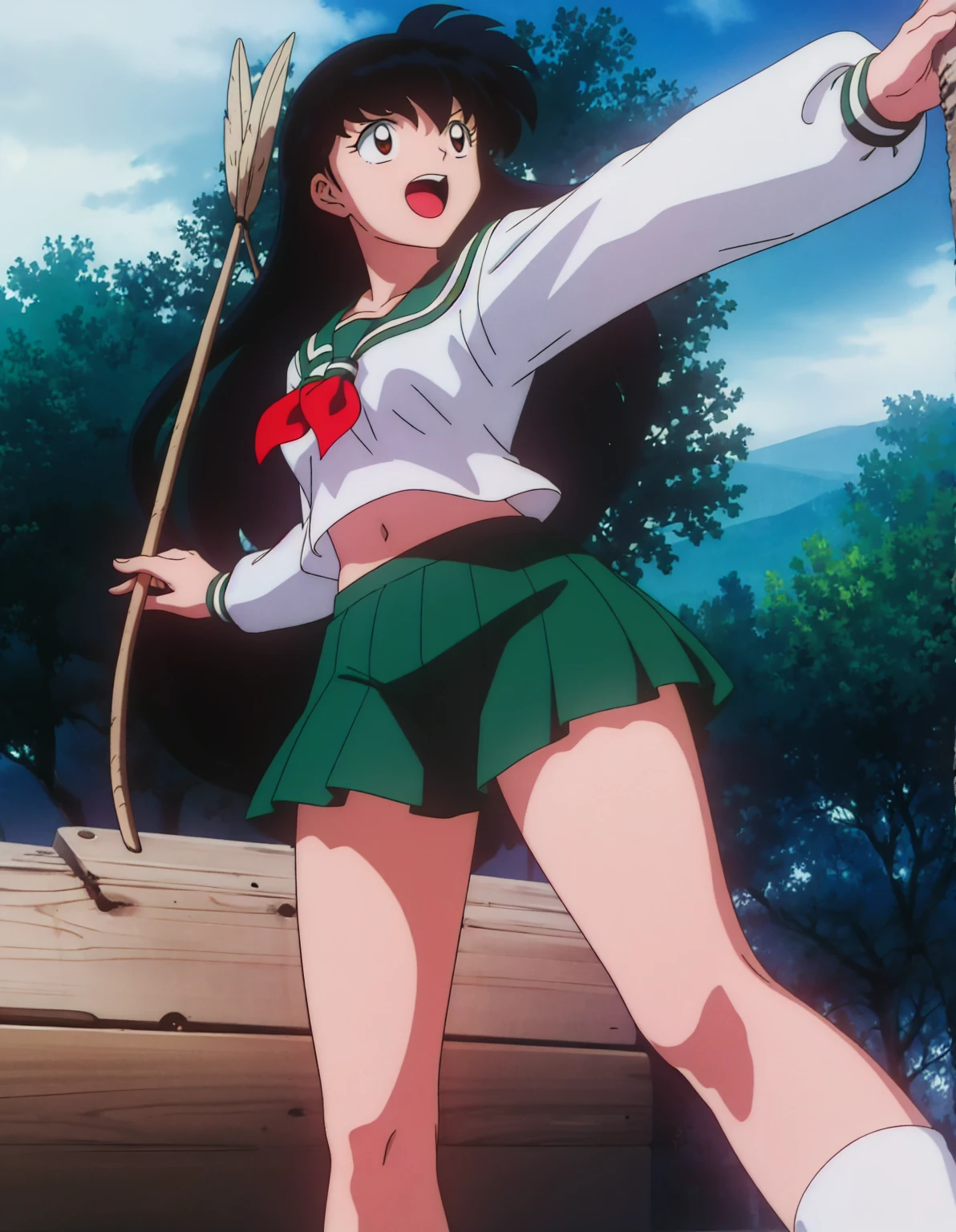 1girl, solo, outdoors, long hair, brown eyes, school uniform,(Masterpiece: 1.6, Best Quality), (Fine Beautiful Eyes: 1.2), (best quality, masterpiece, higher), green school uniform, soft thighs , long sleeves, white socks, scenery , Best Quality, ((anime)) ((Colored)) HD, Kagome Higurashi ,school uniforms, Standing, Green skirt, Red scarf, long hair, Black hair between the eyes, Thighs are soft, school background , black hair, skirt ,standing, green skirt, serafuku, belly button, pop, stretching, both arms up, tickling, feather, feather on belly button, laughing