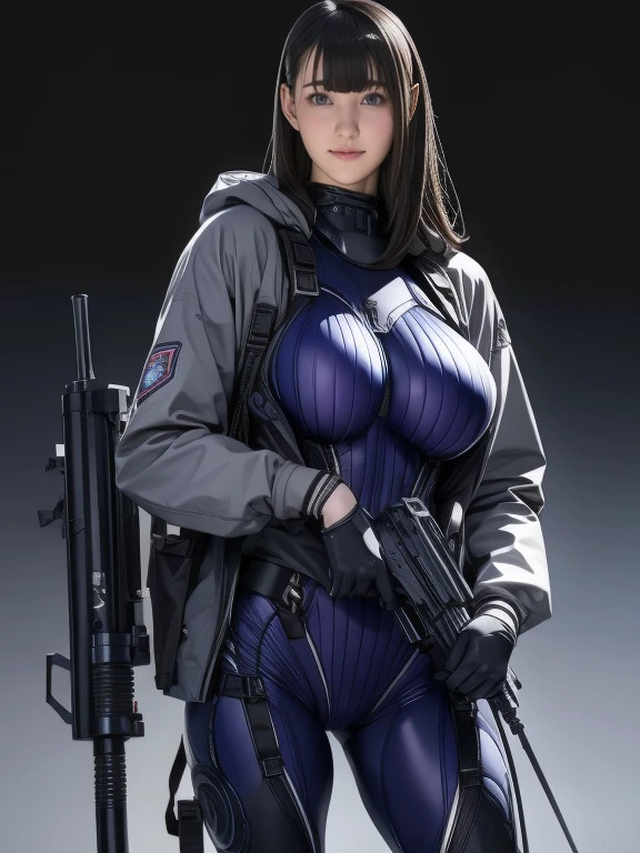 Highest quality、Amazing details、Ultra-high resolution、（realism：1.4）、（（close：0.75））、One woman is very condensed、Beautiful and delicate face、Perfect Proportions、Narrow your target audience、Large Breasts）、Brown Hair、（Purple Tech Suit）、（Cyborg vs. police uniform、、、Black and grey mech、Military Harness、RPG-7、Hitch Tech Flamethrower Tank Transport）、The background is a simple grey wall、