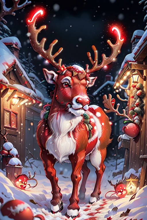 ((((red nose reindeer, rudolph_the_red_nosed_reindeer, red nose, red_reindeer, glowing red nose)))), snow, north pole, Santa's workshop