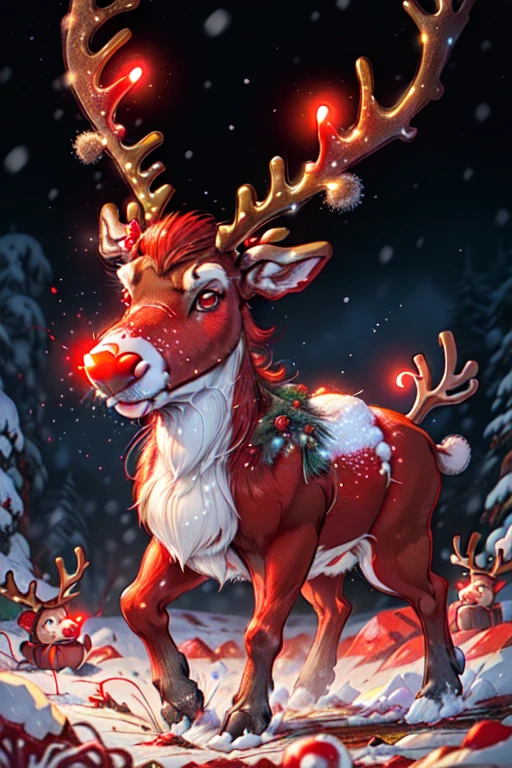 ((((red nose reindeer, rudolph_the_red_nosed_reindeer, red nose, red_reindeer, glowing red nose)))), snow, north pole, Santa's workshop