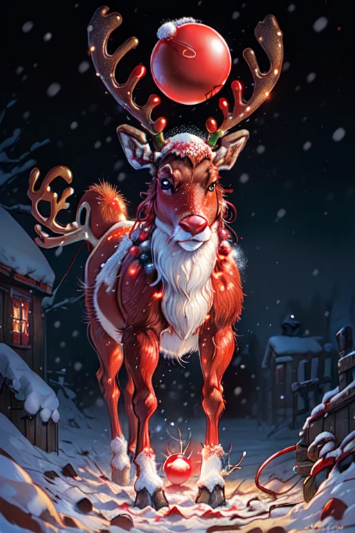 ((((red nose reindeer, rudolph_the_red_nosed_reindeer, red nose, red_reindeer, glowing red nose)))), snow, north pole, Santa's workshop