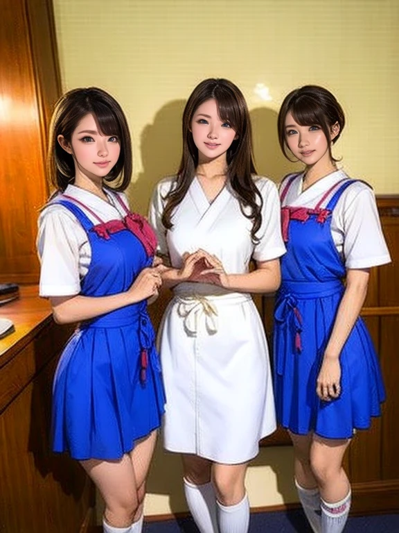 Three Asian women in uniforms posing for a photo in a room, Japanese maid cafe, Seifuku, shikamimi, The Idolmaster, sakimichan, Hanbok Apron, shirabii, Wearing a maid outfit, Official artwork, happy!!!, By Toshihide Nishida, Traditional Costume, 🚿🗝📝, Parody works, Spectacular!