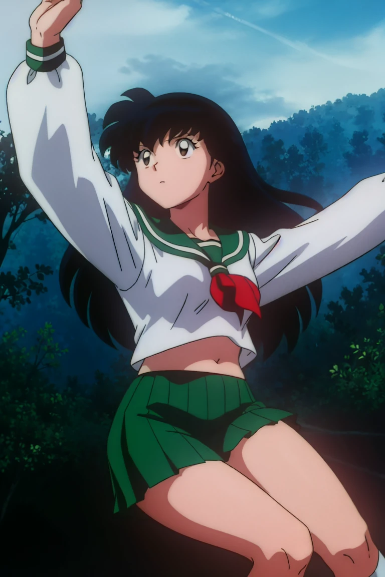 1girl, solo, outdoors, long hair, brown eyes, school uniform,(Masterpiece: 1.6, Best Quality), (Fine Beautiful Eyes: 1.2), (best quality, masterpiece, higher), green school uniform, soft thighs , long sleeves, white socks, scenery , Best Quality, ((anime)) ((Colored)) HD, Kagome Higurashi ,school uniforms, Standing, Green skirt, Red scarf, long hair, Black hair between the eyes, Thighs are soft, school background , black hair, skirt ,standing, green skirt, serafuku, belly button, pop, stretching, both arms up, muffin top, chubby belly, (circle shaped belly button)