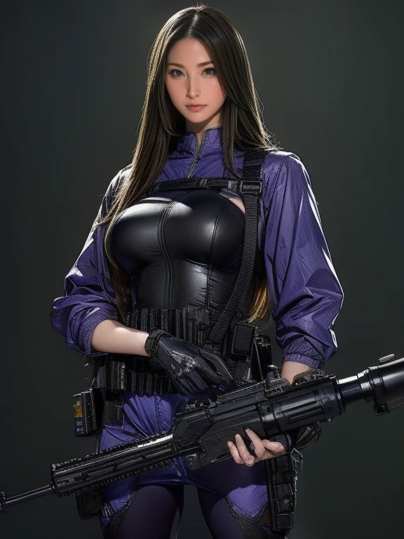 Highest quality、Amazing details、Ultra-high resolution、（realism：1.4）、（（close：0.75））、One woman is very condensed、Beautiful and delicate face、Perfect Proportions、Narrow your target audience、Large Breasts）、Brown Hair、（Purple Tech Suit）、（Cyborg vs. police uniform、、、Black and grey mech、Military Harness、RPG-7、Hitch Tech Flamethrower Tank Transport）、The background is a simple grey wall、