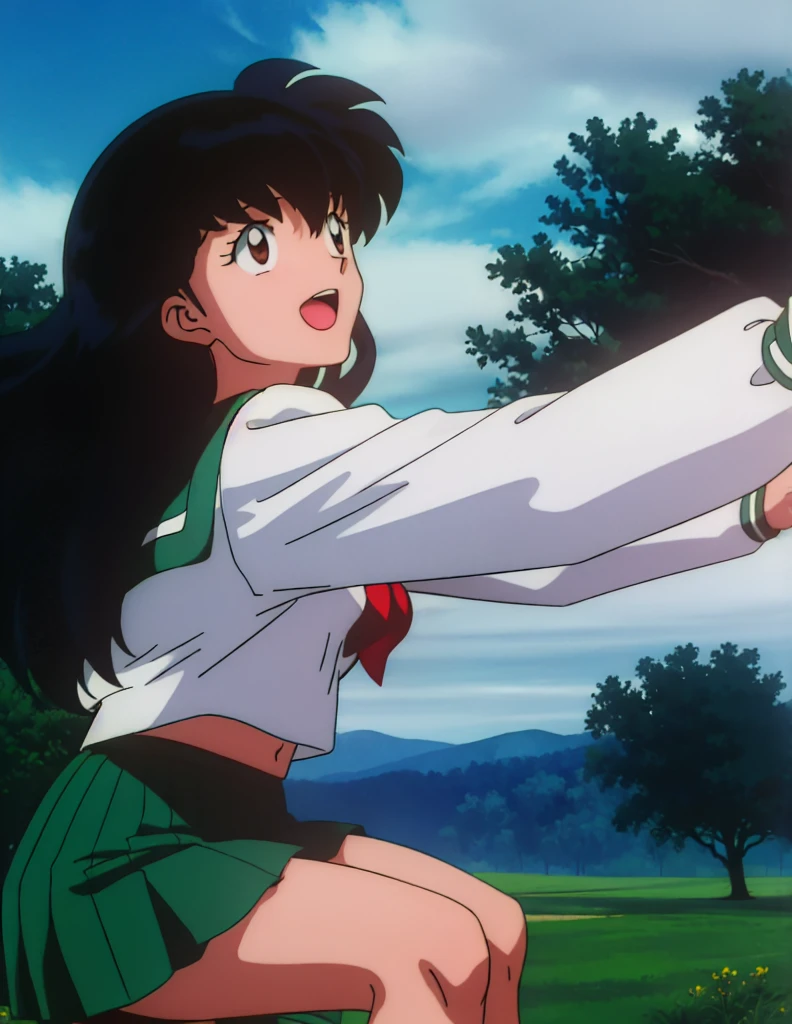 1girl, solo, outdoors, long hair, brown eyes, school uniform,(Masterpiece: 1.6, Best Quality), (Fine Beautiful Eyes: 1.2), (best quality, masterpiece, higher), green school uniform, soft thighs , long sleeves, white socks, scenery , Best Quality, ((anime)) ((Colored)) HD, Kagome Higurashi ,school uniforms, Standing, Green skirt, Red scarf, long hair, Black hair between the eyes, Thighs are soft, school background , black hair, skirt ,standing, green skirt, serafuku, belly button, pop, stretching, both arms up, feather on belly button, laughing