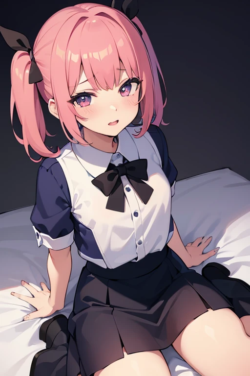 Girl with pink hair, long double-tailed hairstyle, ((small pink bushy eyebrows)), dressed in lolita clothing, marked vagina, lolicon (Zankuro) drawing style by zankuro artist, Zancro style, image uploaded to R34, looking at the camera with a flirtatious smile, modeling in her room, male pov, (panties pulling, self-pulling, pink panties:1.1 panties pulled to knees) , she pulling her dress to cover her crotch