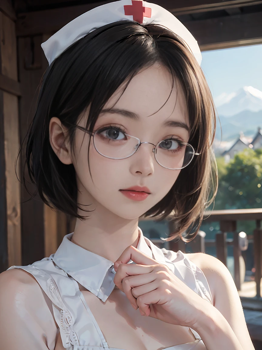 8k,最high quality,(masterpiece:1.2),(Realistic),(Realistic:1.37),超High resolution,1. ((Japanese women))、((Mature Woman))、((Married Woman))、(Depict the whole body)Droopy eyes,Beautiful teeth alignment,((Wear rimless glasses))、((Black short bob hair))、 Well-formed fingers,((とてもSmall breasts))((Small breasts))((Flat chest))、Perfect body,Perfect Fingers,Beautiful Skin,Professional Writing,gravure,detailedな顔と肌の質感,fine grain,RAW Photos (非常にdetailedな肌),Curvy,Pale skin,(Fantasy art,最high quality,Dreamy portrait,(8k),Ultra-realistic,最high quality, high quality, High resolution, high quality texture,Attention to detail,Beautiful details,detailed,Extremely detailed CG,detailed Texture,Realisticな表情,In front of a masterpiece,dynamic),(Very thin hair),(Very soft hair),((Wearing a nurse&#39;s uniform&#39;s uniform)), (( I can see her thighs )) (((Sit on a chair)))　(((Side view)))　(((She arches her back to accentuate the curves of her legs and buttocks.)))　(((The lines of the body are clearly visible)))、((((Beautiful body drawing)))　(((Accentuate your butt)))、(((Full body photo)))、(((Low angle photo)))、(((Correct ankle orientation)))(((The correct number of legs)))　(((Accurate Body Composition)))　(((Accurate rear visibility)))