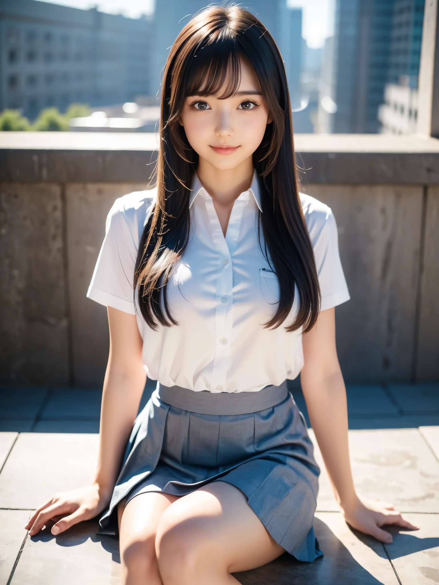 One girl, Alone, 1, (Uniform), Sitting on something, The background features a detailed urban landscape, Portraiture, Thick chest, Semi-curved body, smooth Realistic skin, Cute Smile, White shirt, Grey and blue short skirt, Gazing at the audience, High angle shot,(8k, RAW Photos, Best Quality, masterpiece: 1.3), (Realistic, Realistic: 1.37), Ultra-high resolution, Cowboy Shot