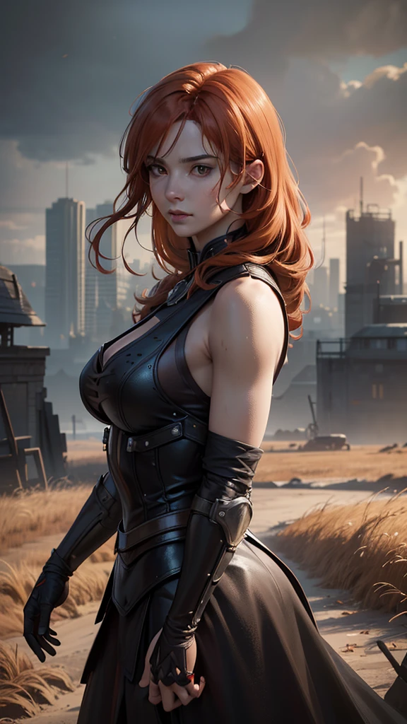 (Extremely detailed, beautiful detailed face, masterpiece, highest quality, perfect anatomy), alone, Asian, mom, redhead, brown eyes, shoulder pad, orange leather leotard, cleavage, long sleeve, Fingerless Gauntlet, thigh boots, knee pads , skirt, Severe, belt, (sitting, left hand on knee, tilt one's head, smile gently), looking at the viewer, desert, decayed skyscraper, After a nuclear war, night sky, Big Dipper