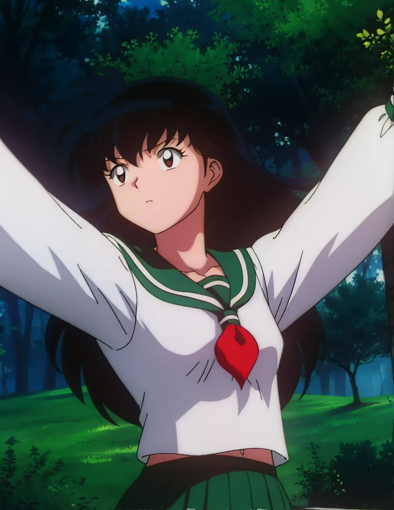 1girl, solo, outdoors, long hair, brown eyes, school uniform,(Masterpiece: 1.6, Best Quality), (Fine Beautiful Eyes: 1.2), (best quality, masterpiece, higher), green school uniform, soft thighs , long sleeves, white socks, scenery , Best Quality, ((anime)) ((Colored)) HD, Kagome Higurashi ,school uniforms, Standing, Green skirt, Red scarf, long hair, Black hair between the eyes, Thighs are soft, school background , black hair, skirt ,standing, green skirt, serafuku, belly button, pop, stretching, both arms up high, feather on belly button, tired