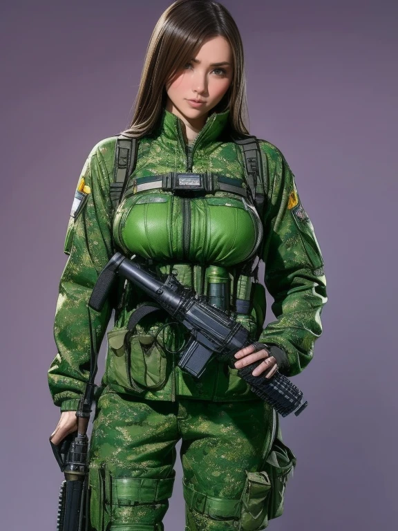 Best Quality、Amazing details、Ultra-high resolution、（realism：1.4）、（（close：0.75））、One Japanese woman is very condensed、Beautiful and delicate face、Perfect Proportions、Narrow your target audience、Large Breasts）、Brown Hair、（Camouflage Technology Suit）、（Cyborg Vs... Police uniform、Gold and grey mech、Military Harness、RPG-7 (English) (English)、Hitch Technology Flamethrower Tank Transport）、The background is a simple gray wall、