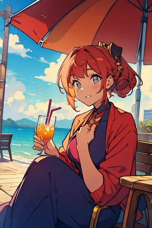 pkmnmay,blue eyes, brown hair, green bandana,orange dress, collared dress, sleeveless, black gloves, black shorts, fingerless gloves, shorts under dress, looking at viewer, smiling, happy, teeth, sitting, stool, outside, bar, beach, holding champagne glass full of orange juice, dusk, sunset,high quality, masterpiece <lora:PKMN_May_Gen4_v1:.8>